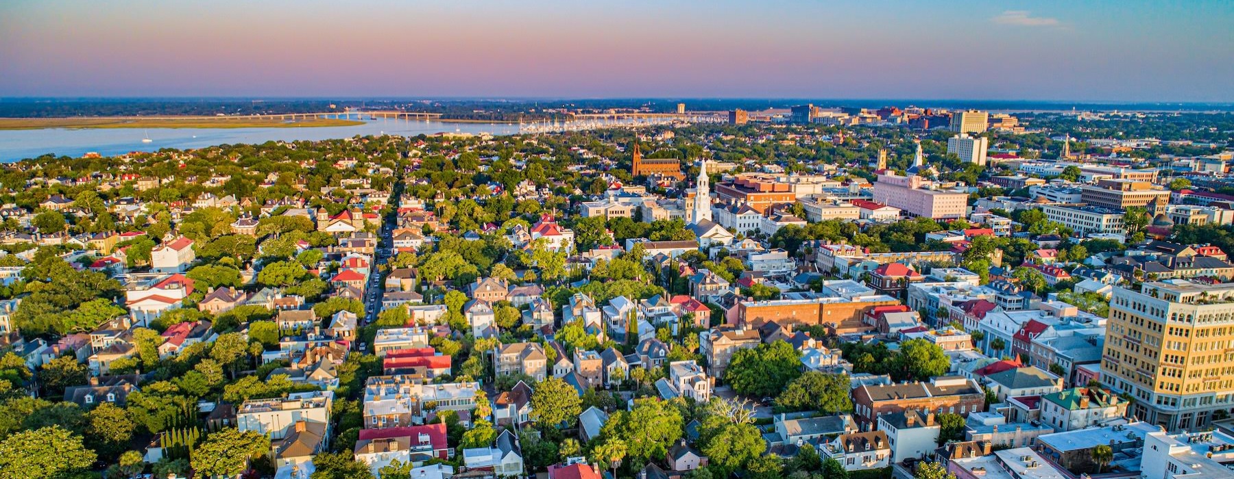 a city with many trees and buildings