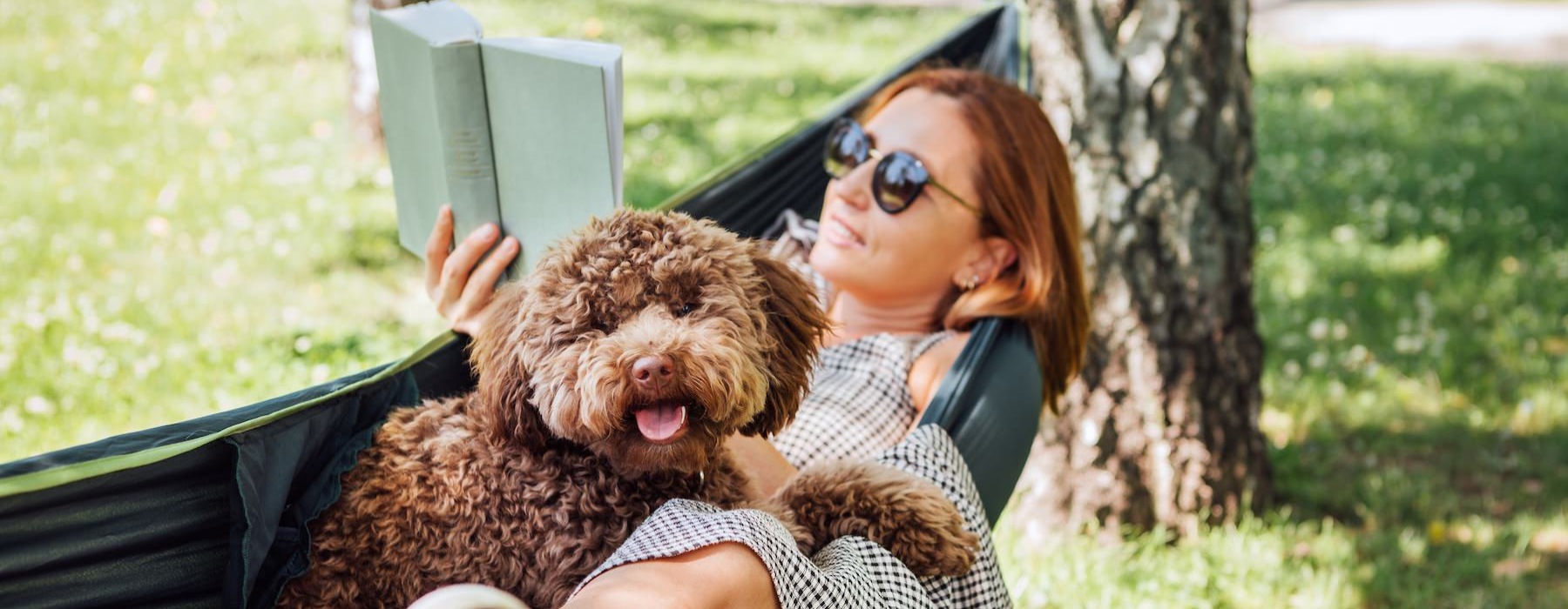 a woman reading a book in a hammock with a dog